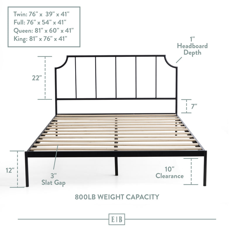 Sydney Platform Metal Bed with Scooped Accent Vertical Bar Headboard