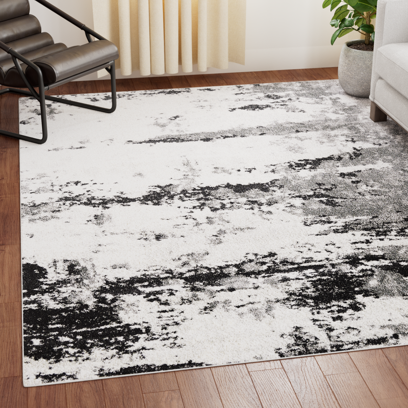 Abstract Distressed Area Rug - Black and Cream