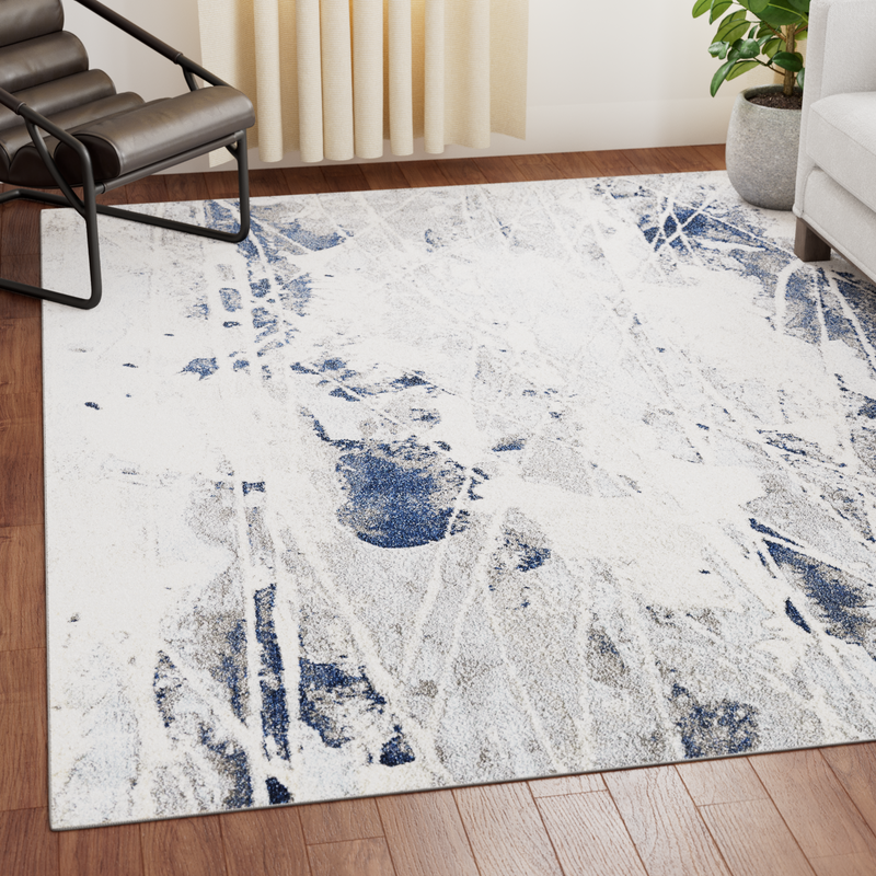 Abstract Distressed Area Rug – Navy and Cream